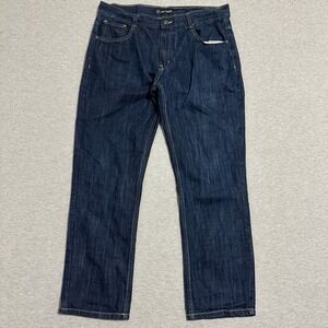 Y2K King Maker Dark Wash Straight Leg Jeans Yellow Embroidered Pockets Size 38